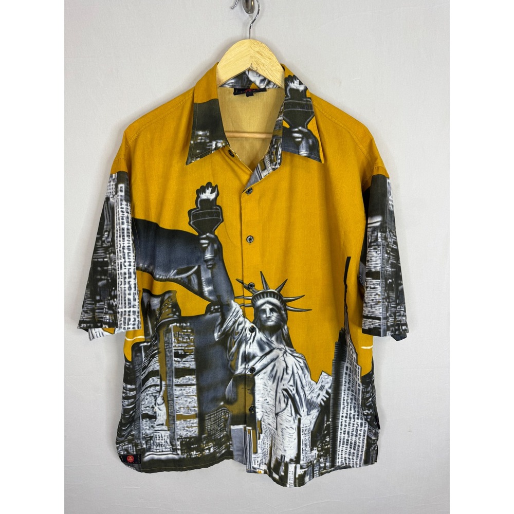 Sword Mens Statue of Liberty NYC Skyline Graphic Button Up Shirt Yellow Large